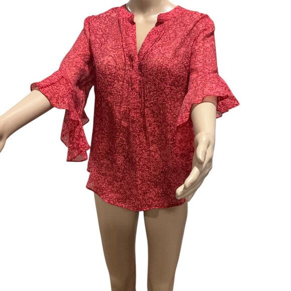 Vince Camuto Women's Pintuck Flutter Sleeve Floral Pattern Voile Blouse Size Sm - Picture 3 of 16